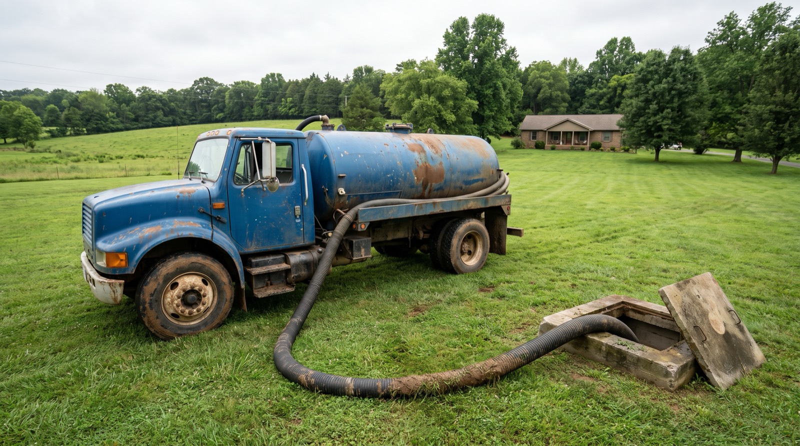 A septic pump truck parked on a rural Middle Tennessee property with the tank lid open and hose run across the grass