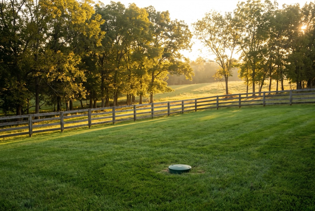A rural Tennessee yard over a septic drain field, with grass grown back and no sign of the lines beneath